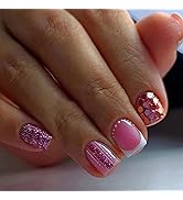 Square Short Fake Nails Acrylic Press on Nails Glitter Sequins False Nails with Designs Rose Pink...