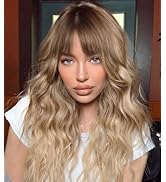 XIXIBI Ombre Blonde Wigs with Bangs Blonde Wigs for Women Long Wavy Curly Ombre Wig with Dark Roo...