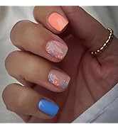 Short Press on Nails Square Fake Nails Blue Orange Flowers Glue on Nails Spring Summer Nail Art D...