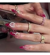 24 Pcs Red Ombre Press on Nails Short Almond - BHLFRH Fake Nails Press ons Nail Art Tips Full Cov...