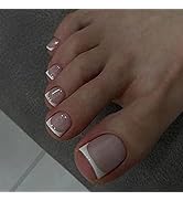 Square Fake Toenails Glossy Milky White French Press on Toenails Solid Short Acrylic False Toes N...