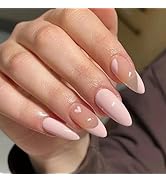 Valentines Press on Nails Medium Almond French Tip Fake Nails Light Pink Full Cover Pink Heart Fa...