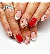 Strawberry Press on Nails Short French Tips Fake Nails with Glossy Red Stick on Nails Youth Desig...