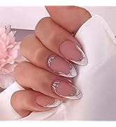 24Pcs Matte Pink Press on Nails Almond Short - BHLFRH White French Tip Fake Nails Press ons Silve...