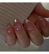 Cat Eye Press on Nails Short Almond MABKJLF Petite French Fake Nails Pink Full Cover Sliver Nail ...