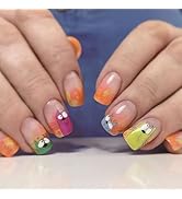 Short Square Press on Nails Artificial Fake Nails Acrylic Nails with Orange Yellow Gradient Chang...