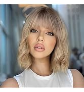 Allbell Short Ombre Brown Blonde Wigs Wavy Bob Wig with Bangs Women Synthetic Curly Pastel Bob Wi...