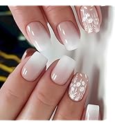 Press on Nails Short Square MABKJL French Fake Nails White Gradient Full Cover White Floral False...