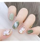 Short Square Press on Nails Acylic Fake Nails Full Cover False Nails with Camellia Flower Designs...