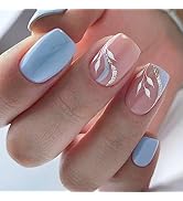 Square Short Press on Nails Blue Fake Nails French Tip Acrylic Nails Summer with Blue and Gold Cu...