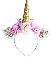Unicorn Headband Gold Horn for Unicorn Party Supplies Flowers Cat Ear Head Bands by AHIER (Unicor...