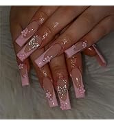 Long Fake Nails Coffin Press on Nails Pink French Tip False Nails with 3D Butterfly Pearl Floral ...