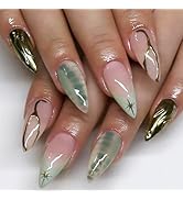24 Pcs Green Press on Nails 3D Curve Line False Nails Glossy Gold Star Acrylic Fake Nail French T...