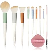 LULUCOLORS 9-Piece Makeup Brush Set with Makeup Sponge – Tapered Powder, Angled Powder, Flat Top ...