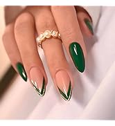 Almond Medium Fake Nails French Tip Press on Nails Artificial False Nails Green Acrylic Nails wit...