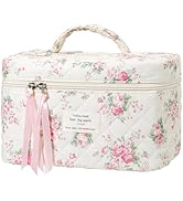 senbowe Large Quilted Makeup Bag, Cotton Quilted Floral Cosmetic Bag for Women, Cute Floral Coque...