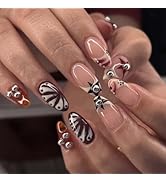 24Pcs Press on Nails Short Almond with Artistic 3D Stud Design-LINMEIZAI Fake Nails Press ons Nai...