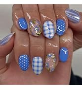 24 Pcs Oval Press on Nails Short Almond Nail Tips,YEFIUO Pink Blue White Fake Nails Press ons Fre...