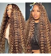 34inch Highlight Ombre 13x6 Lace Front Wig Human Hair Pre Plucked P4/27 Deep Wave Lace Front Wigs...