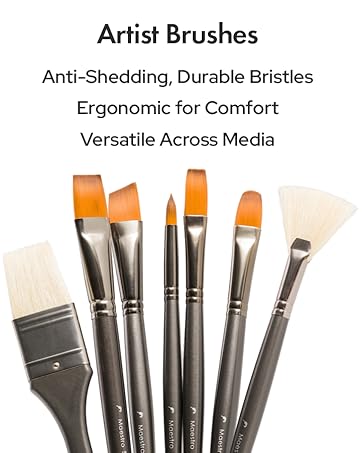 Anti-shedding, durable bristle artist brushes, ergonomic handles, versatile for multiple media.
