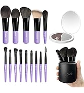 Jilier 14 pcs Mini Makeup Brushes and Pocket Mirror, Travel Makeup Brush Set, LED Compact Mirror ...