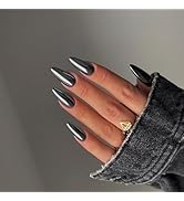 Smoky Grey Chrome Press on Nails Medium Almond, KQueenest Mirror Metal Stiletto Fake Acrylic Nail...