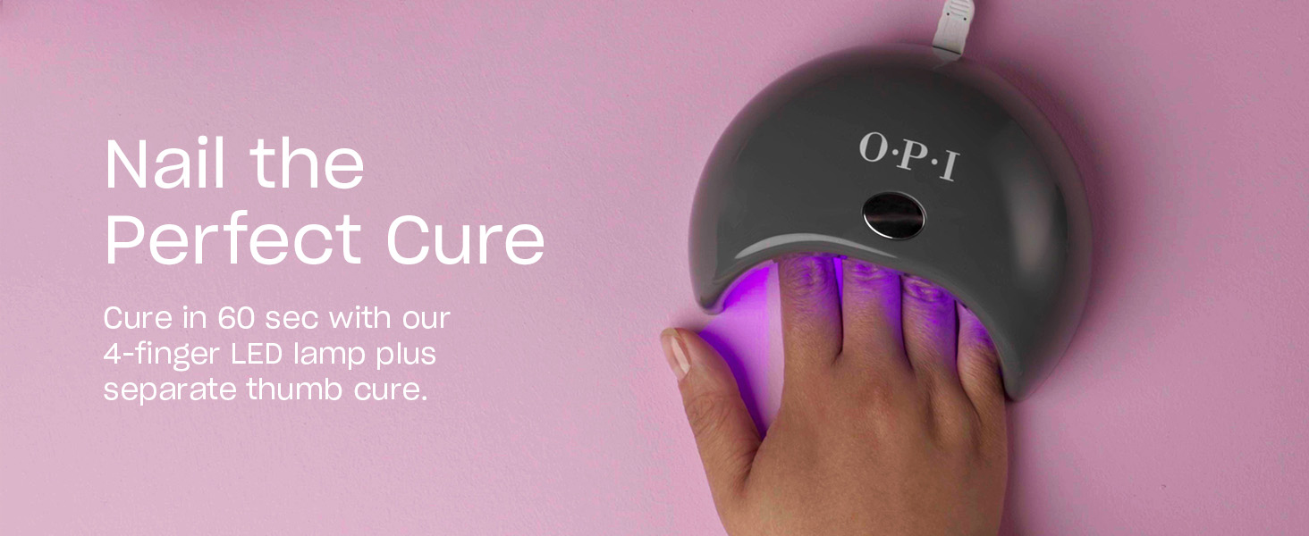 Use OPI GELement with the LED lamp to cure polish in 60 seconds. Cure thumb separately