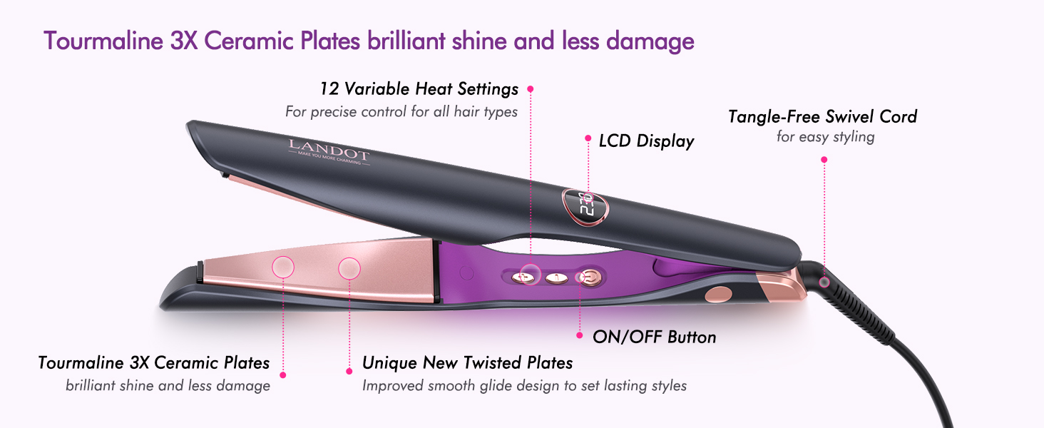 Hair straightener with tourmaline 3X ceramic plates. Features LCD display, 12 heat settings, tangle-free swivel cord, and on/off button. Purple and black design.