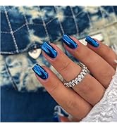 KQueenest Royal Blue Chrome Press on Nails Short Medium Square Metallic Fake Nails Glitter Glue o...