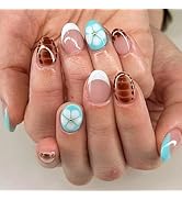 24 Pcs Oval Press on Nails Short Almond Nail Tips,YEFIUO Pink Fake Nails Press ons Blue White Fre...