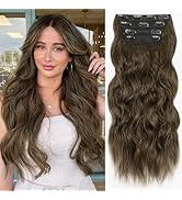 ALXNAN Clip in Long Wavy Synthetic Hair Extension 24 Inch Light Chestnut Brown 4PCS Thick Hairpie...