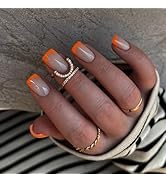 KQueenest 30 Pcs Orange French Tip Press on Nails Short Square, Natural Nude Fake Nails with Glue...