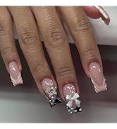 24 Pcs Pink Press on Nails Medium Square - YEFIUO 3D Black French Fake Nails Press ons Fall Winte...