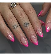 30Pcs Hot Pink French Tip Press on Nails Short Almond Nails Press ons, Short Fake Nails Almond Sh...