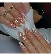 24 Pcs Spring Press on Nails Short Almond,LINMEIZAI White French Fake Nails Press ons Nail Tips K...