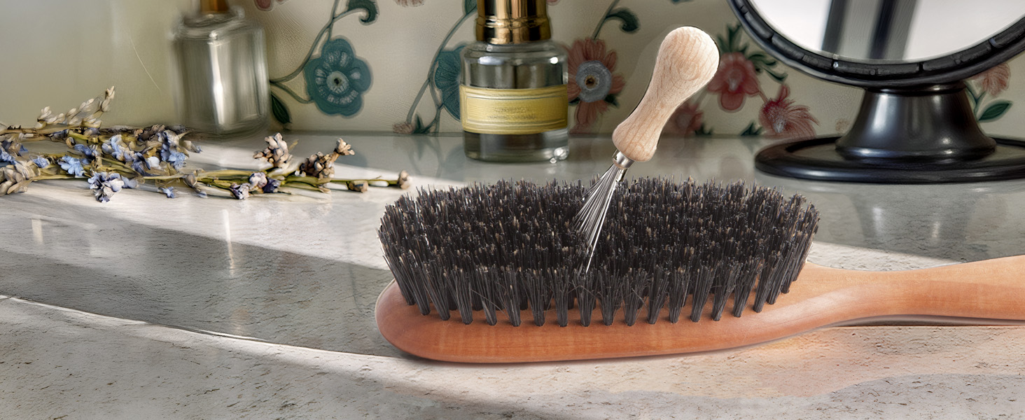hair brush cleaning tool rake wood handle metal