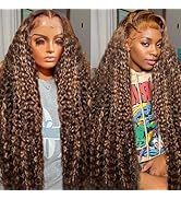 Cfaimity 28inch Highlight Ombre Lace Front Wig Human Hair 13x6 HD Honey Blonde P4/27 Deep Wave La...