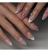 30 Pcs Spring Press on Nails Short Almond,LINMEIZAI White French Fake Nails Press ons Nail Tips K...