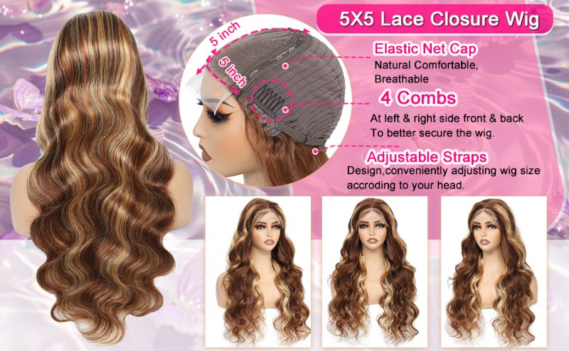 5x5 Highlight Lace Closure Wig Human Hair Body Wave 5x5 HD Lace Closure Wig