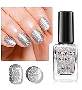 Nailshion Glitter Silver Nail Polish Oil-Based Sparkly Shiny Regular Nail Polish Fast Air Dry Nai...