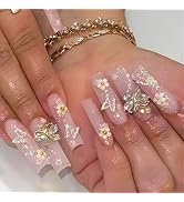 24 Pcs Pink Press on Nails Long Coffin Square - SHANRUN 3D Butterfly Glitter French Ballerina Fak...