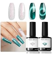 modelones Gel Nail Polish Set 2 PCS 15ML White Green Cat Eye Glitter Holographic Shimmer Nail Pol...