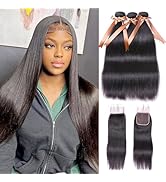 ALLRUN Straight Bundles with Closure Human Hair 24 26 28Inch+20Closure 100% Unprocessed Virgin Ha...
