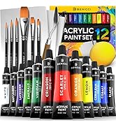 Complete Acrylic Paint Set – 12х Rich Pigment Colors & 6x Art Brushes - Includes 3 Paint Canvases...