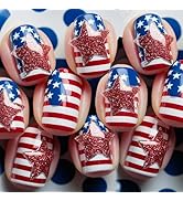 4th of July Press on Nails Glossy Red Glitter Stars False Nails Independence Day Acrylic Short Sq...
