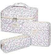 senbowe Floral Makeup Bag, 3 Pack Large Cotton Quilted Makeup Bag Set, Cute Floral Coquette Aesth...