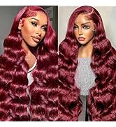 32 Inch 99J Burgundy Lace Front Wigs Human Hair Pre Plucked 200% Density 13x6 Body Wave HD Transp...