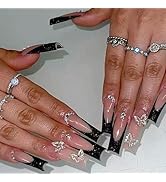 LPOODDNU Black French Tip Press on Nails Long 3D Metal Butterfly Fake Nails Extra Long Glue on Na...