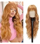 Vomella Honey Blonde Wig With Bangs 26 Inch Long Curly Wavy Synthetic Wig for Women