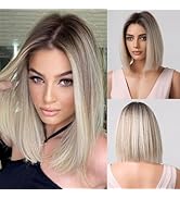 Allbell Short Blonde Bob Wigs for Women Straight Synthetic Hair with Dark Roots Cosplay Wig Middl...